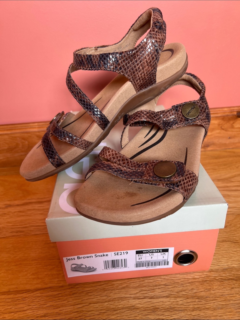 Aetrex Jess Brown Snake-Print Comfort Sandals